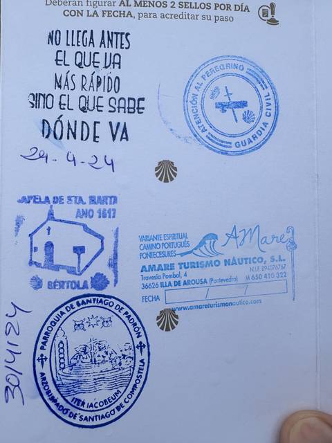 The pilgrim's credential — one stamp for each stage walked.